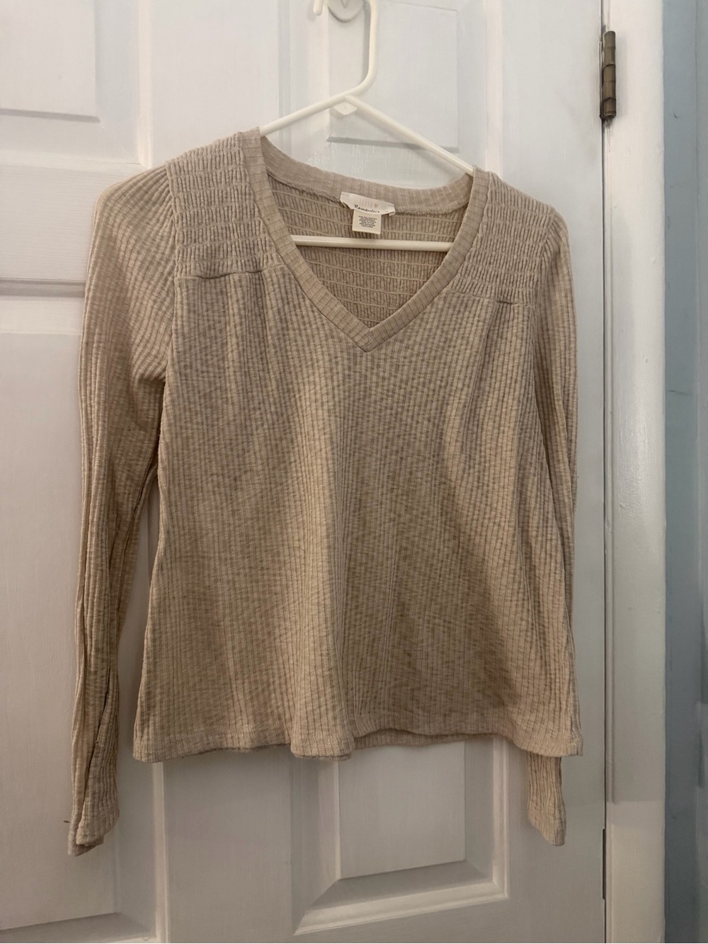 Urban Romantics Beige Ribbed V-Neck Smocked Back Top Small